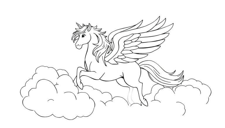Placa de color de un Pegaso blanco sobre nubes.