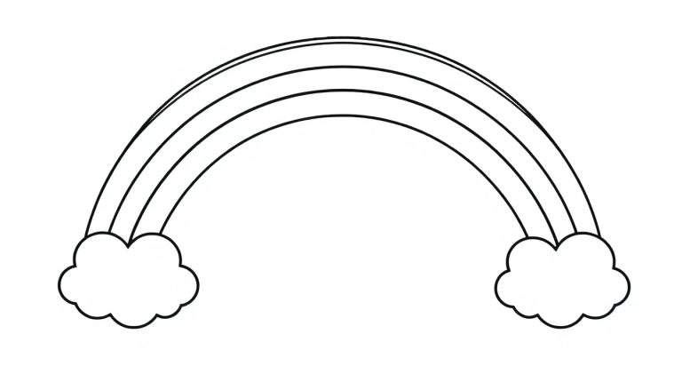 Página para colorear de un arcoíris amigable con nubes, líneas simples, blanco y negro, placa de color.
