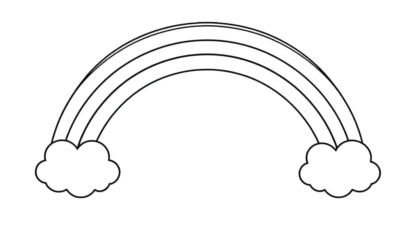 Página para colorear de un arcoíris amigable con nubes, líneas simples, blanco y negro, placa de color.