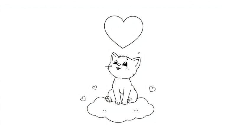 Placa de color de un lindo gatito soñador en una nube, con un corazón grande y corazones pequeños.