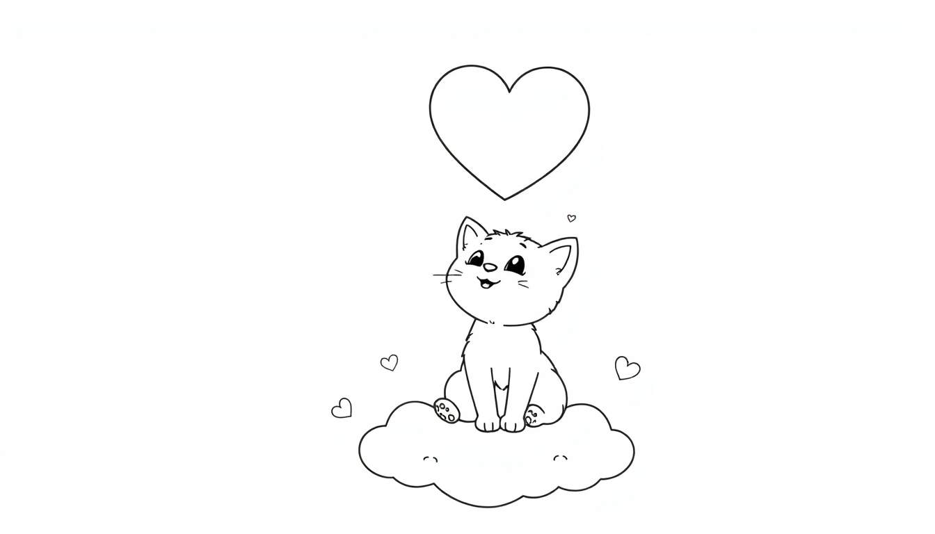 Placa de color de un lindo gatito soñador en una nube, con un corazón grande y corazones pequeños.