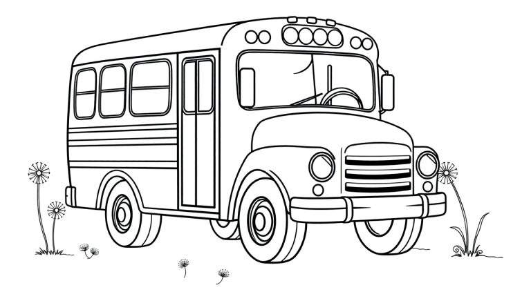 Un autobús escolar de dibujo lineal, listo para ser coloreado, con un campo de dientes de león.