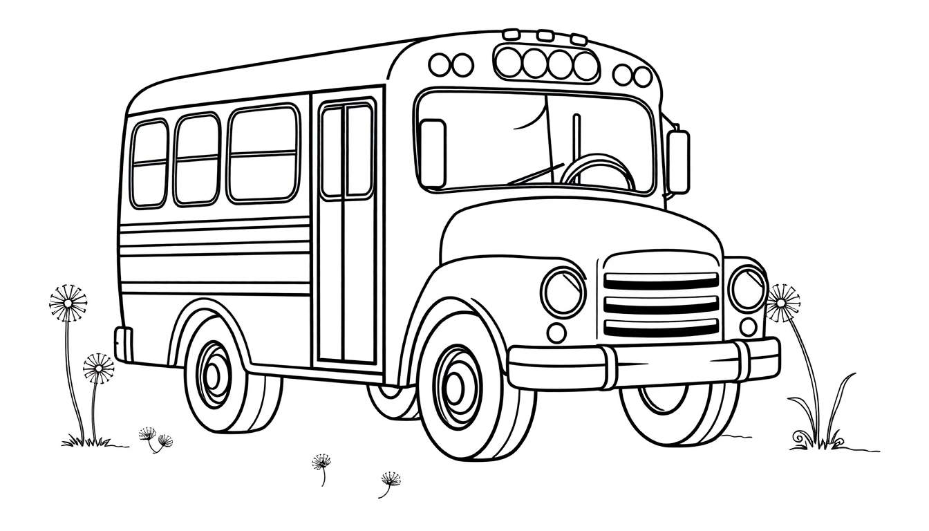 Un autobús escolar de dibujo lineal, listo para ser coloreado, con un campo de dientes de león.