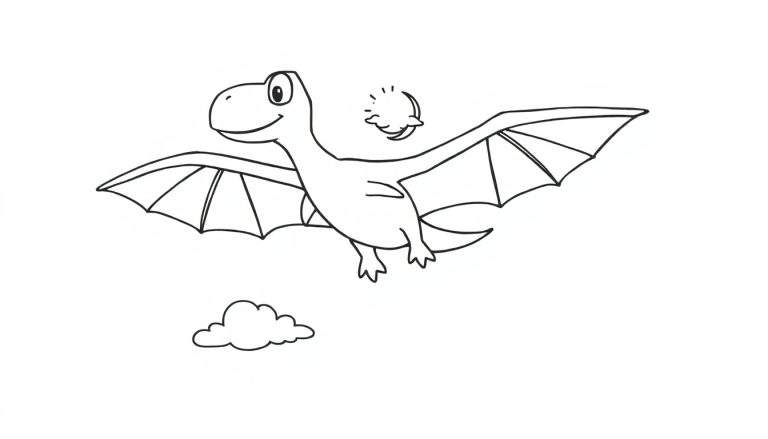 Placa de color de un pterodáctilo sonriente volando cerca de una nube, con un sol-luna.