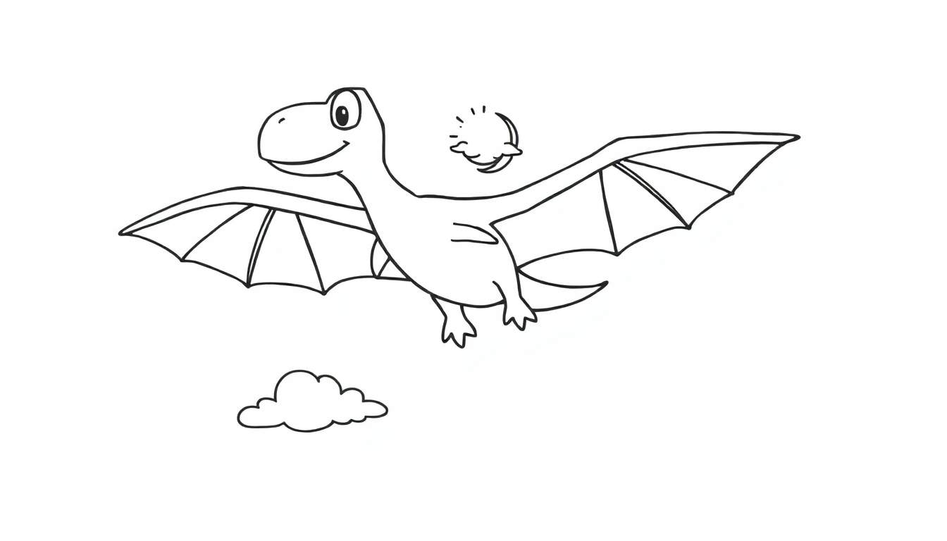 Placa de color de un pterodáctilo sonriente volando cerca de una nube, con un sol-luna.