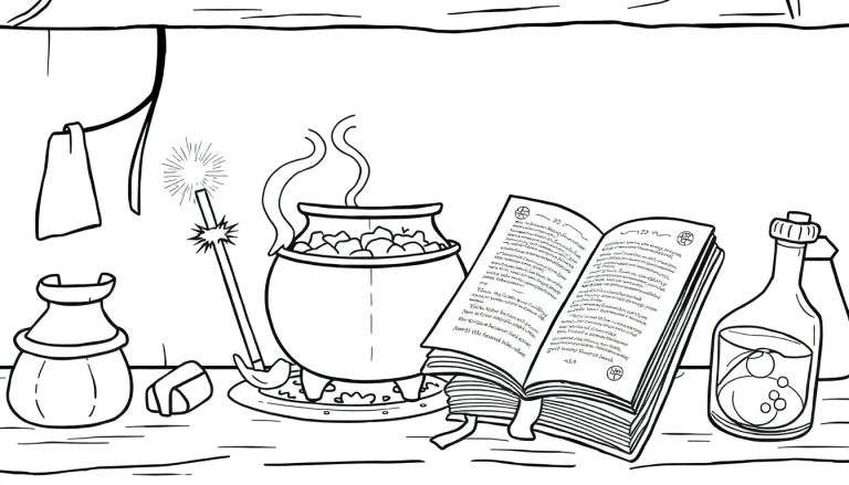 Ilustración en blanco y negro de una escena de alquimia con un caldero, varita, libro y poción, perfecta para colorear y agregar una placa de color.