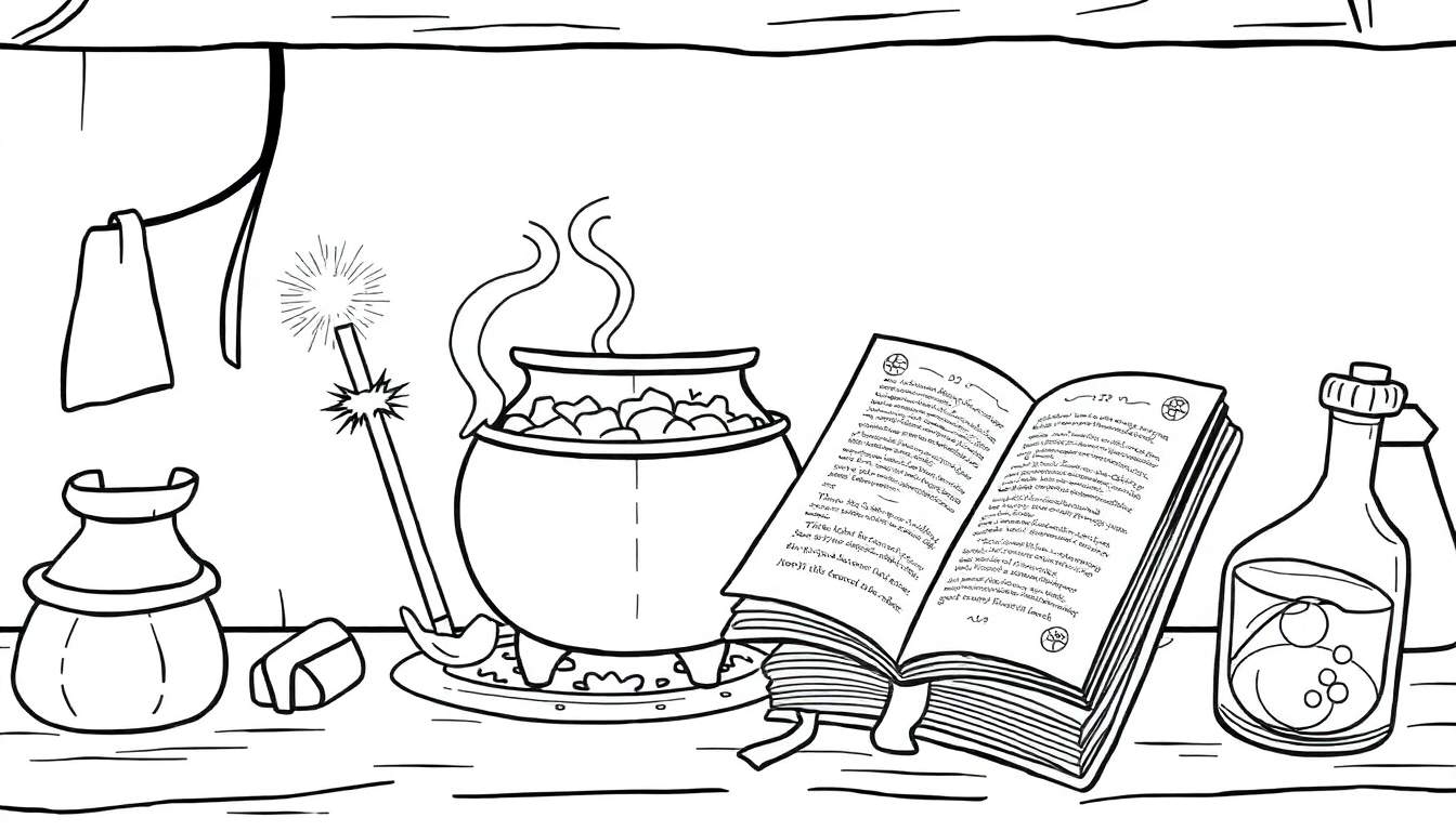Ilustración en blanco y negro de una escena de alquimia con un caldero, varita, libro y poción, perfecta para colorear y agregar una placa de color.