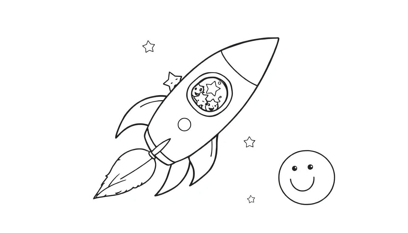 Un cohete sonriente con estrellas felices volando por el espacio, listo para colorear. Incluye una placa de color.