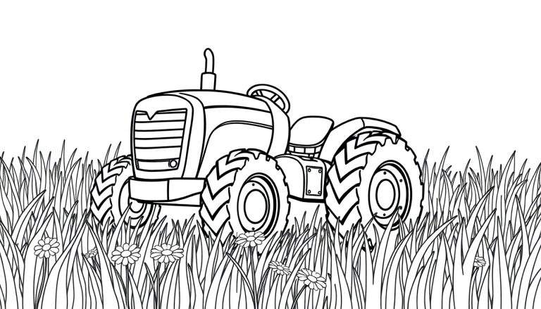 Un tractor amigable listo para colorear en un campo de margaritas.