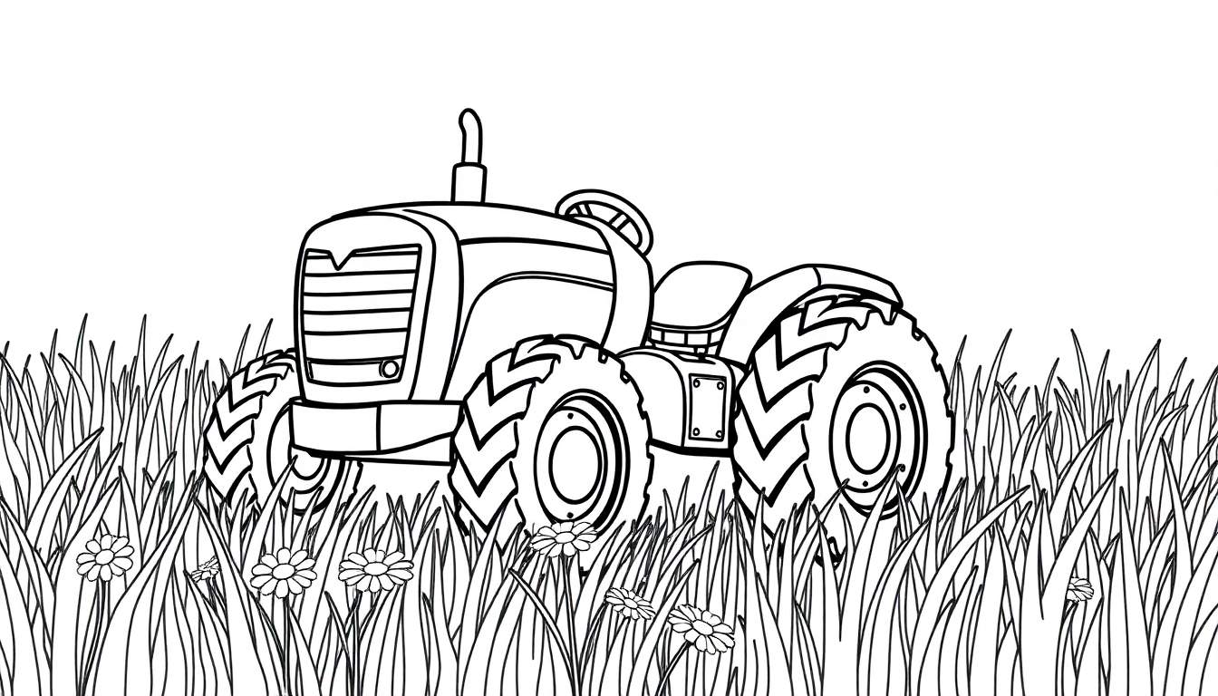 Un tractor amigable listo para colorear en un campo de margaritas.