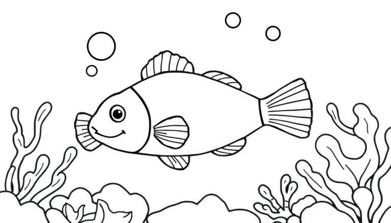 Página para colorear de un pez payaso nadando entre corales.