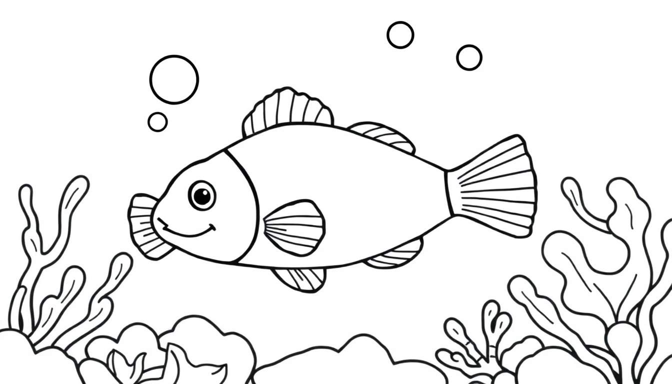 Página para colorear de un pez payaso nadando entre corales.