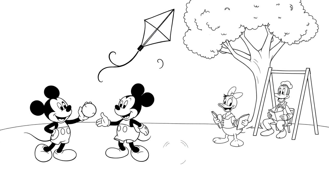 Placa de color con Mickey Mouse y Pluto jugando a la pelota, patos leyendo bajo un árbol con columpio y una cometa en el cielo.