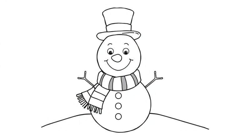 Placa de color de un muñeco de nieve amigable, página para colorear en blanco y negro para niños.
