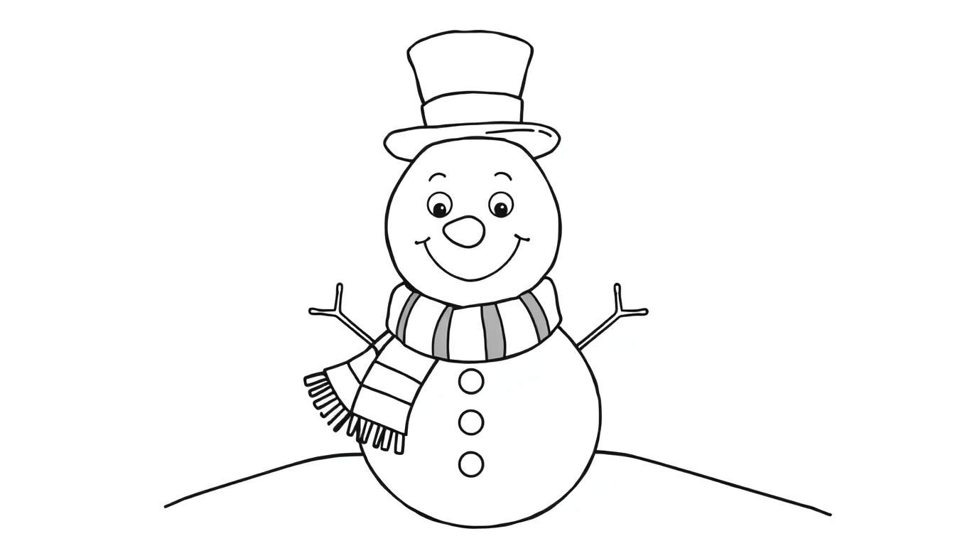 Placa de color de un muñeco de nieve amigable, página para colorear en blanco y negro para niños.