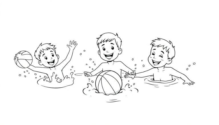 Placa de color de tres niños sonriendo y jugando en el agua, uno con una pelota de baloncesto.