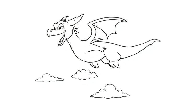 Placa de color de un dragón animado sonriente con cuernos y alas volando sobre nubes estilizadas, sobre un fondo blanco.