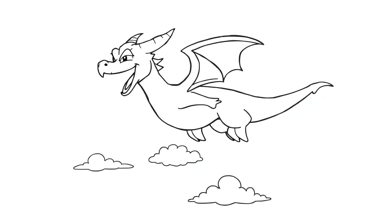 Placa de color de un dragón animado sonriente con cuernos y alas volando sobre nubes estilizadas, sobre un fondo blanco.