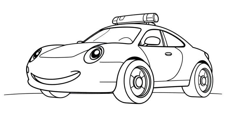 Coche de policía amigable para colorear con placa de color, sirenas y ruedas grandes.
