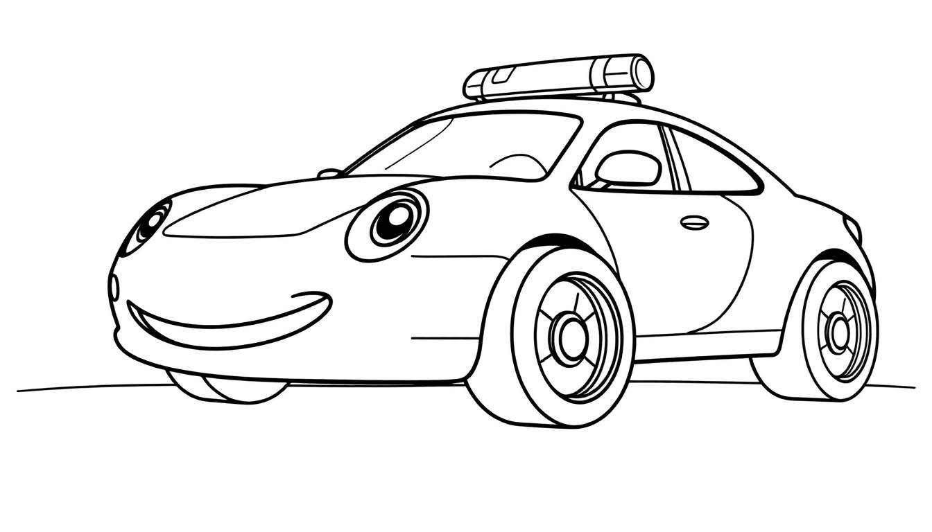 Coche de policía amigable para colorear con placa de color, sirenas y ruedas grandes.