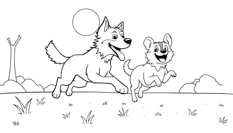 Página para colorear de Bluey y Bingo corriendo en un parque con la luna en el cielo.