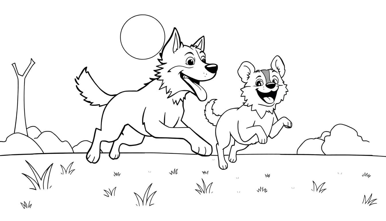 Página para colorear de Bluey y Bingo corriendo en un parque con la luna en el cielo.