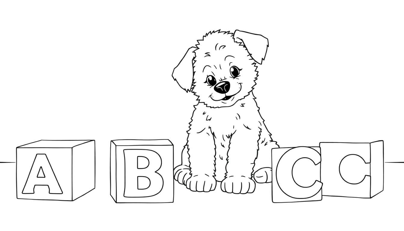 Placa de color con un cachorro aprendiendo el alfabeto.