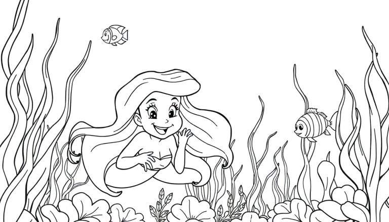 Ariel, la sirenita, sonriendo y sentada en el fondo del mar rodeada de algas y peces, lista para ser coloreada en esta placa.