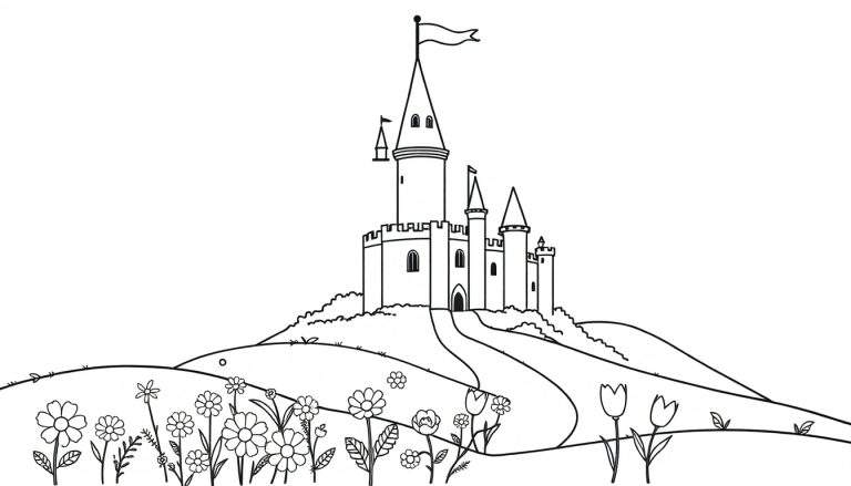 Placa de color de un castillo de cuento de hadas en una colina con una bandera ondeante y flores.
