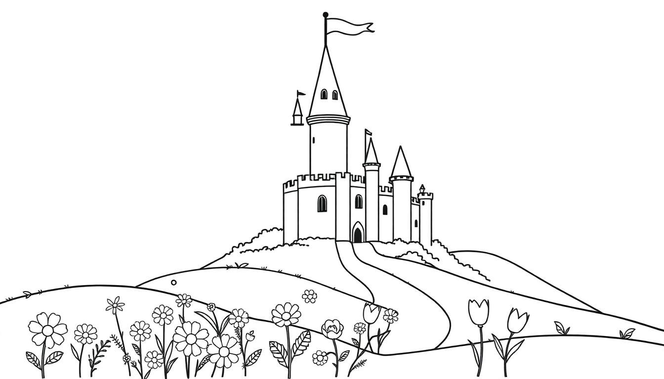 Placa de color de un castillo de cuento de hadas en una colina con una bandera ondeante y flores.