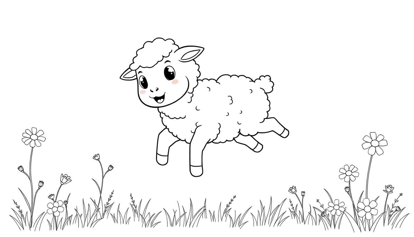 Un corderito saltando en un campo de flores, listo para colorear en esta placa de color.