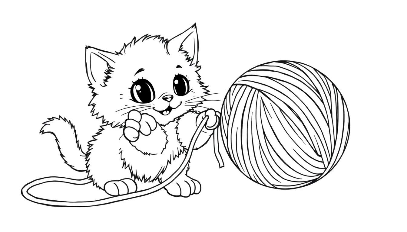 Un gatito adorable jugando con un ovillo de lana, listo para colorear. Una placa de color para la diversión.