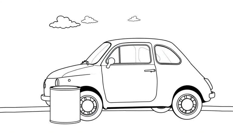 Un coche clásico estilo Fiat 500 listo para colorear, con una papelera al lado y nubes en el cielo.