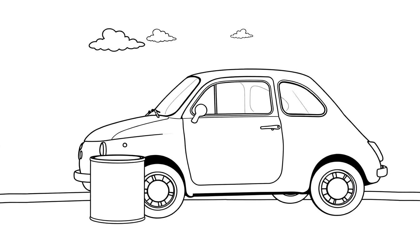 Un coche clásico estilo Fiat 500 listo para colorear, con una papelera al lado y nubes en el cielo.