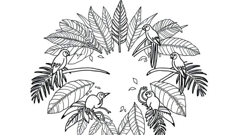 Una placa de color de un mandala con loros y monos entre hojas de palmera.