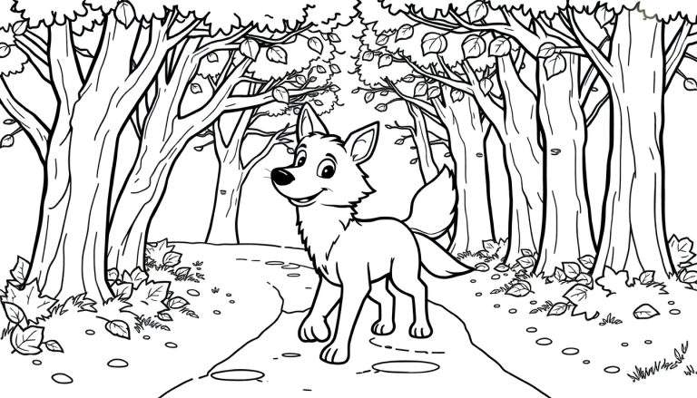 Placa de color de un lobo amigable en el bosque.