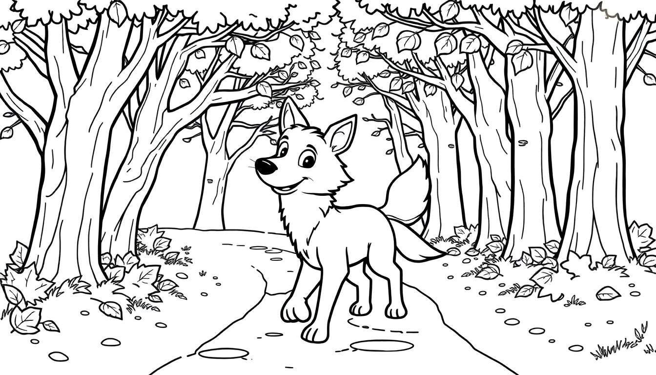 Placa de color de un lobo amigable en el bosque.