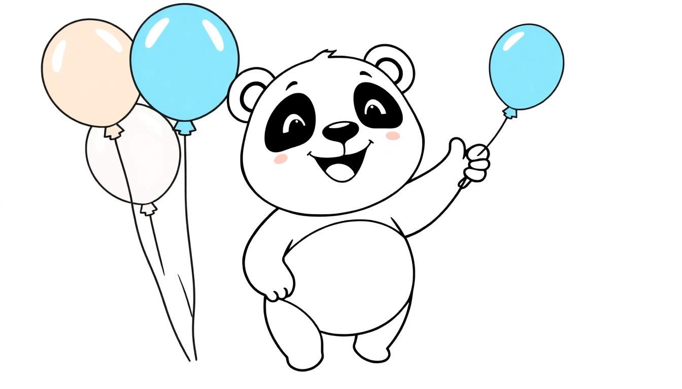 Placa de color de un oso panda de dibujos animados sonriente sosteniendo un globo azul y con otros globos a su lado.