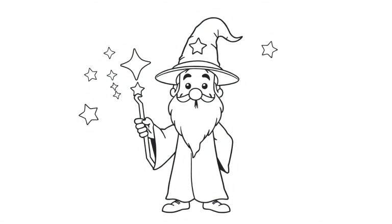Un mago amigable de caricatura con sombrero puntiagudo y estrella, túnica holgada, barba blanca y varita mágica con estrellas, con estrellas flotando a su alrededor. Ideal para colorear con la placa de color.