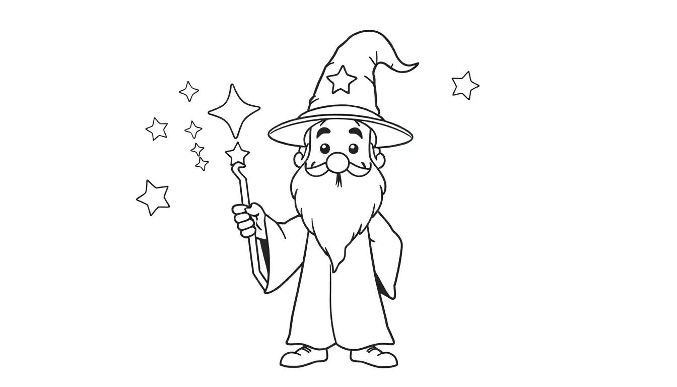 Un mago amigable de caricatura con sombrero puntiagudo y estrella, túnica holgada, barba blanca y varita mágica con estrellas, con estrellas flotando a su alrededor. Ideal para colorear con la placa de color.