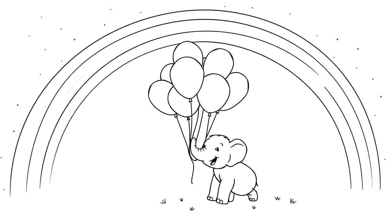 Un elefante de dibujos animados sentado sobre una placa de color de hierba con un arcoíris y estrellas.