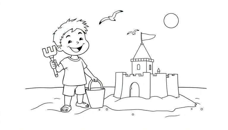 Placa de color de un niño feliz construyendo un castillo de arena.