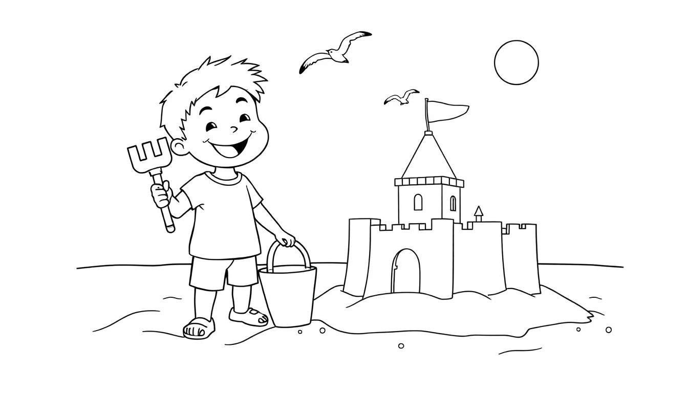 Placa de color de un niño feliz construyendo un castillo de arena.