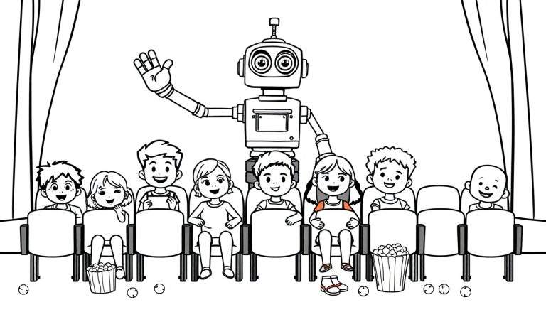 Placa de color: robot saludando a niños en un cine.