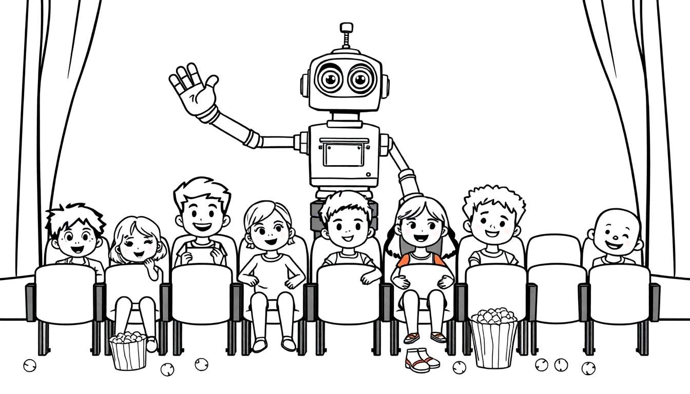 Placa de color: robot saludando a niños en un cine.