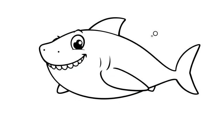 Un tiburón sonriente de dibujos animados en blanco y negro, listo para ser coloreado, con burbujas a su alrededor. Esta placa de color es perfecta para la diversión.