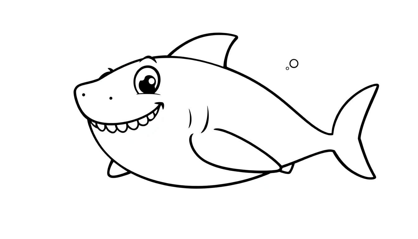 Un tiburón sonriente de dibujos animados en blanco y negro, listo para ser coloreado, con burbujas a su alrededor. Esta placa de color es perfecta para la diversión.