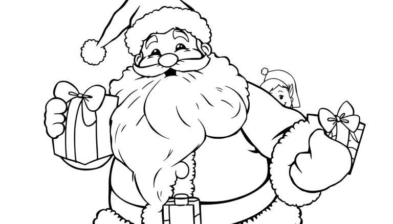 Papá Noel sonriente con traje rojo y blanco y barba blanca, sosteniendo regalos, con un elfo asomándose detrás. Dibujo en blanco y negro para colorear, placa de color.