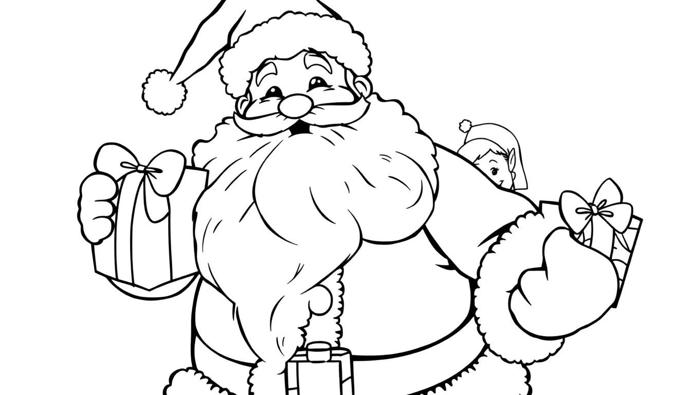 Papá Noel sonriente con traje rojo y blanco y barba blanca, sosteniendo regalos, con un elfo asomándose detrás. Dibujo en blanco y negro para colorear, placa de color.