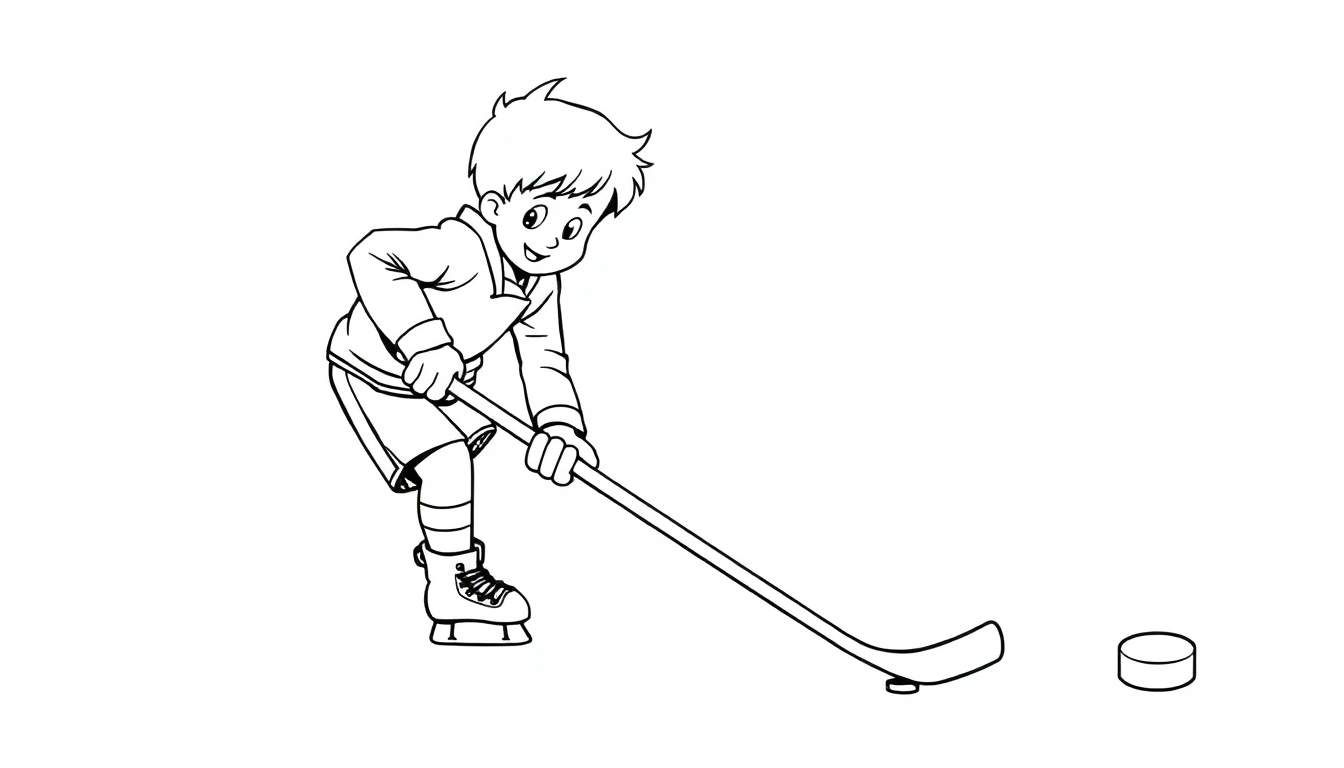 Placa de color de un niño feliz jugando al hockey sobre hielo.